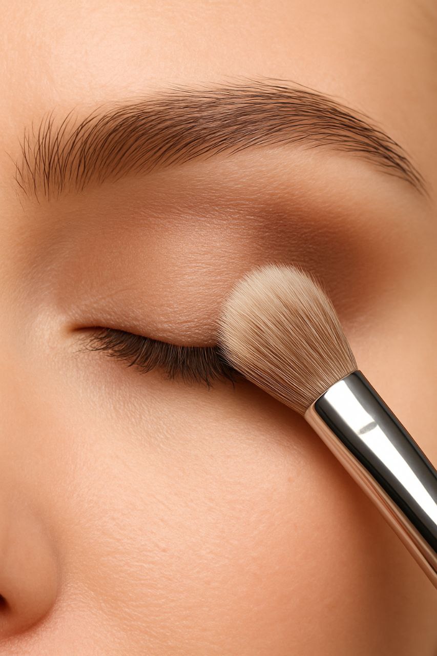 Fluffy blending brush blending neutral eyeshadow in crease"