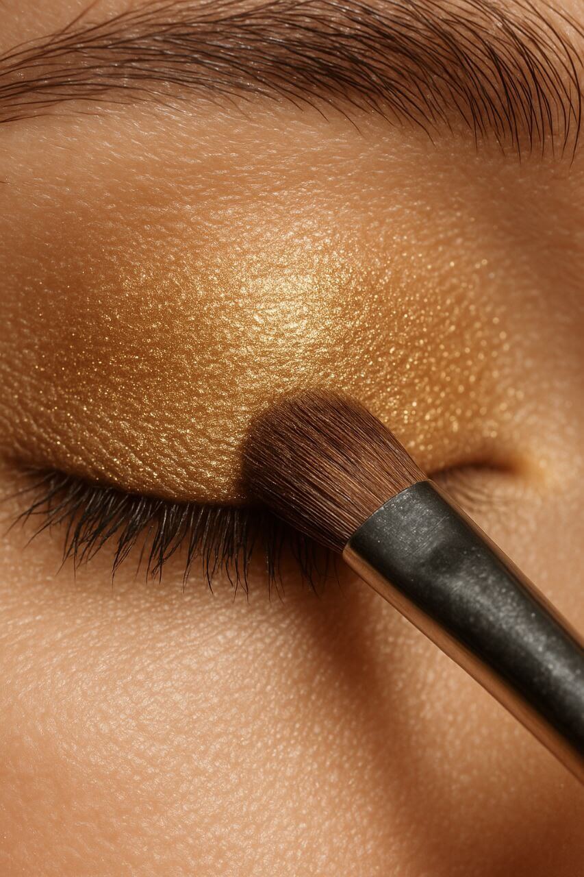 "Eyeshadow shader brush applying gold shadow to eyelid"