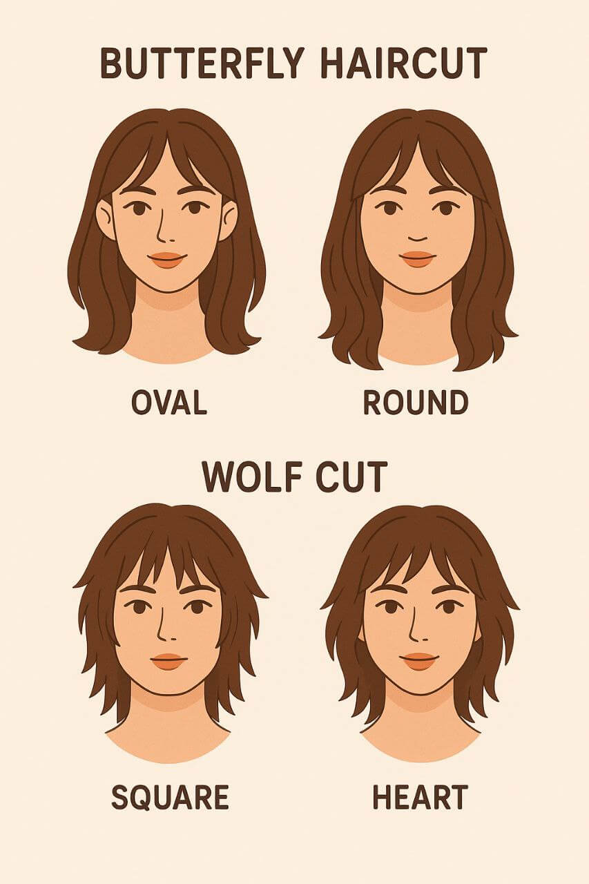 Face shapes with recommended butterfly haircut and wolf cut styles”