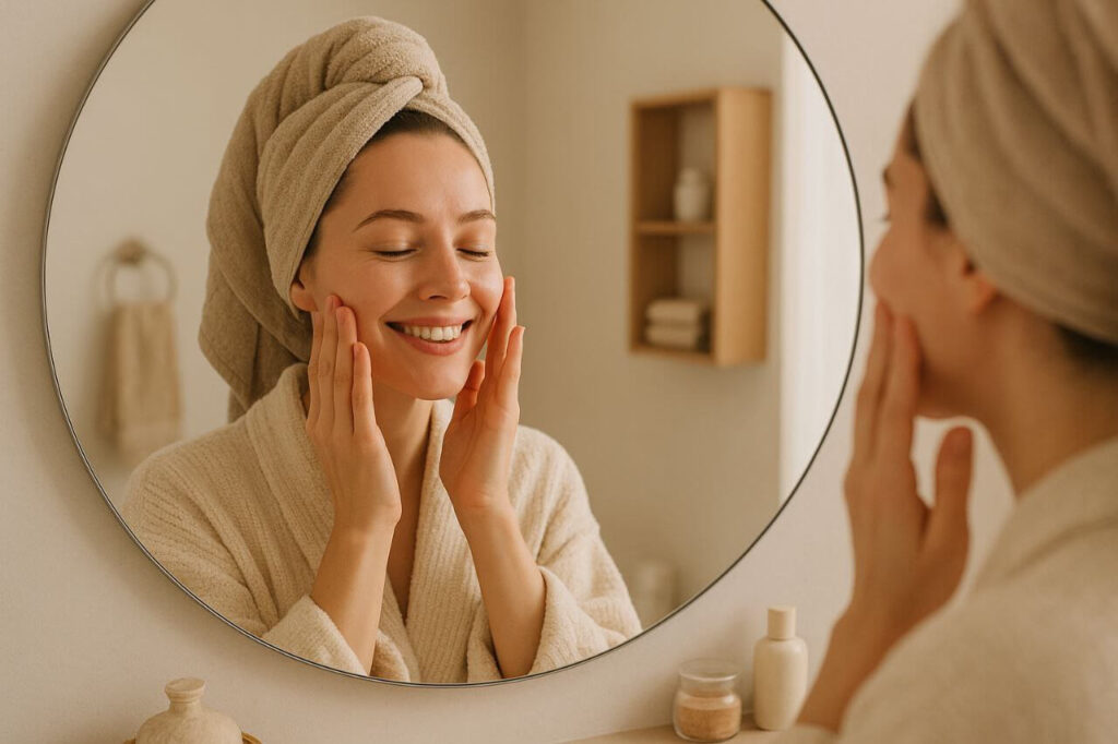 Woman doing facial massage in mirror