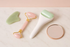 Flat lay of jade gua sha, rose quartz roller, and ice roller on marble vanity"
