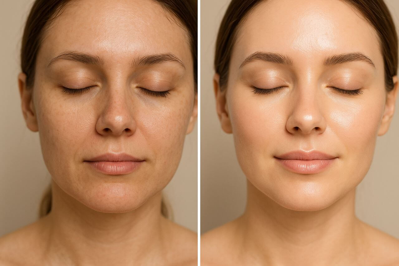 Before and after skin glow-up from facial tools"