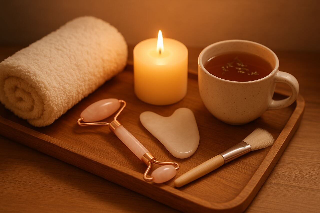 Relaxing spa scene with facial tools and tea"
