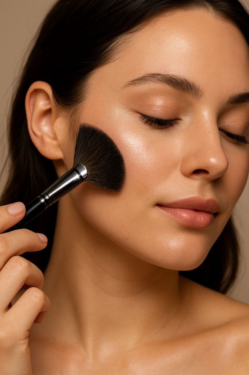 "Fan brush applying highlighter on cheekbone for glow"