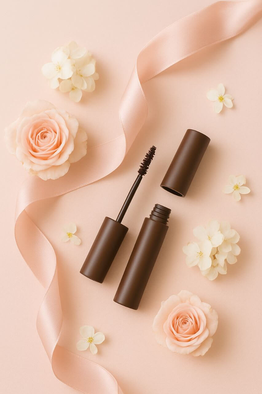 Soft glam brown mascara flatlay with flowers