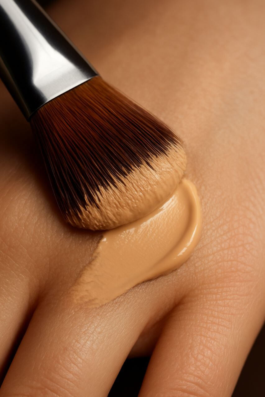 Foundation brush with dense bristles holding liquid foundation"