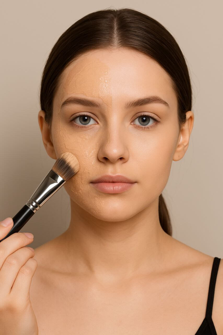 Half face with mismatched foundation, half with perfect match