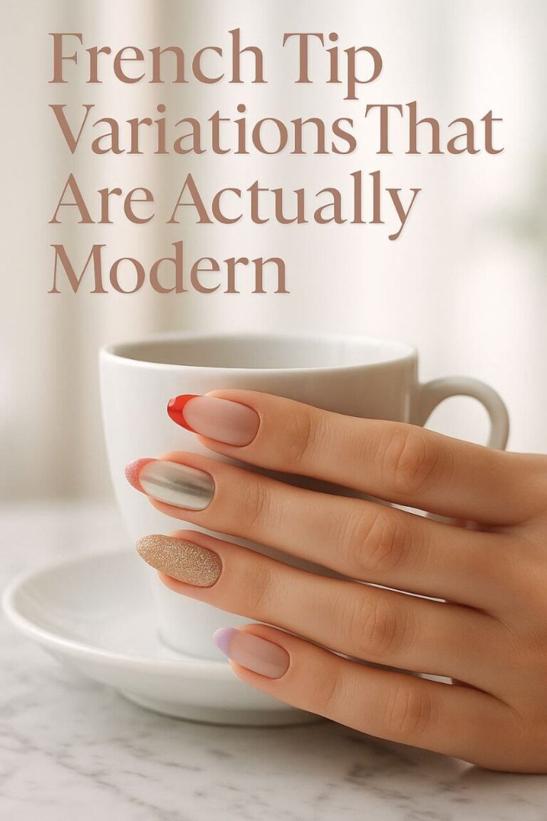 Ultra-realistic close-up of a woman’s hand with four different modern French tip nail designs—red, chrome, glitter, and pastel—holding a white coffee cup on a marble table, soft natural daylight, airy background, with elegant nude-pink serif text reading “French Tip Variations That Are Actually Modern.”