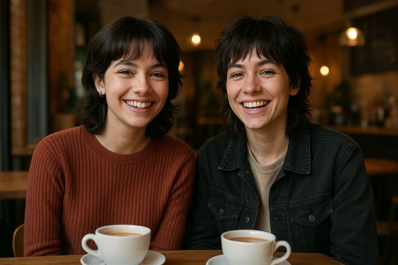 Friends with butterfly haircut and wolf cut enjoying coffee”