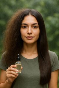 Hair serum transforming frizzy hair to smooth and shiny."*