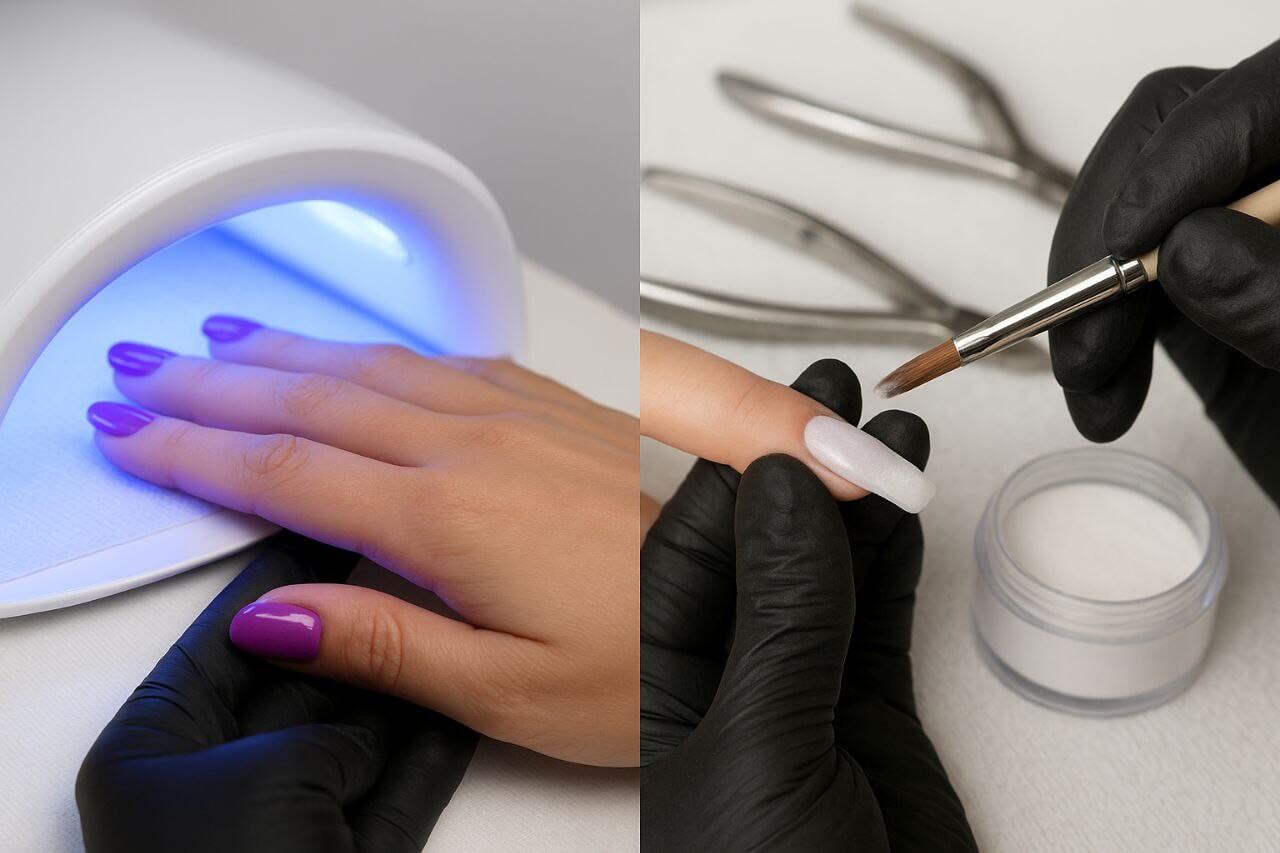 gel vs acrylic nails Gel polish curing vs acrylic application process."*