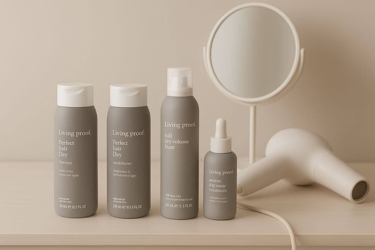 Sleek black GHD hair straightener on white marble with hair clips and serum bottles