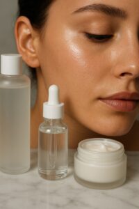 "Glazed donut skin glow with hydrating skincare products."