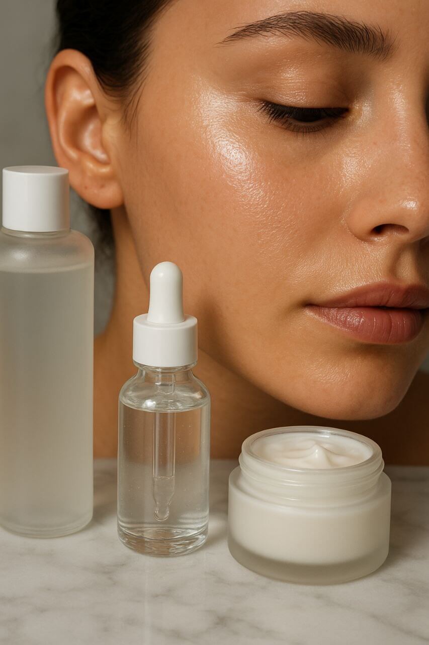 "Glazed donut skin glow with hydrating skincare products."