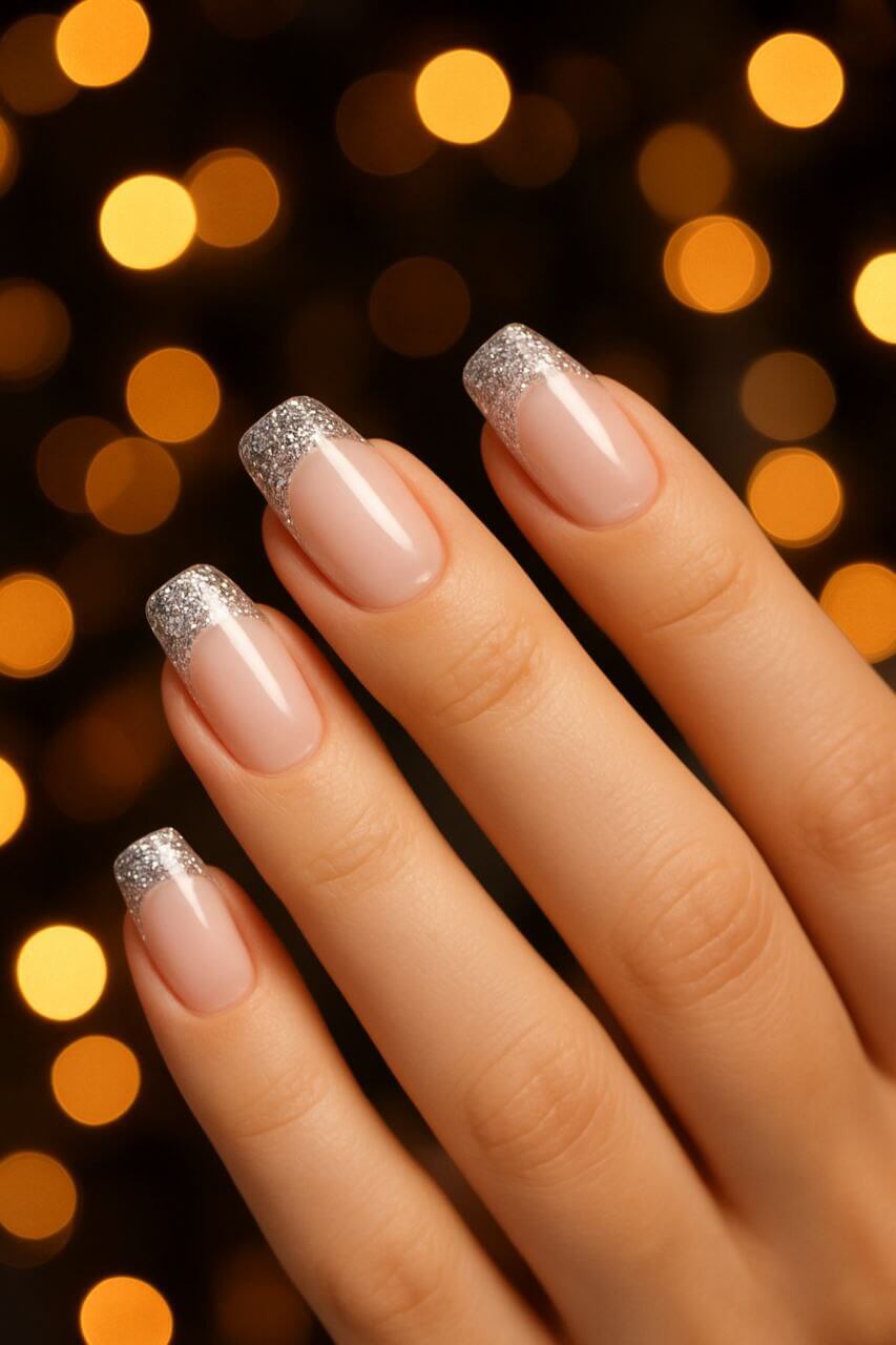 French tip nails with sparkling silver glitter tips.