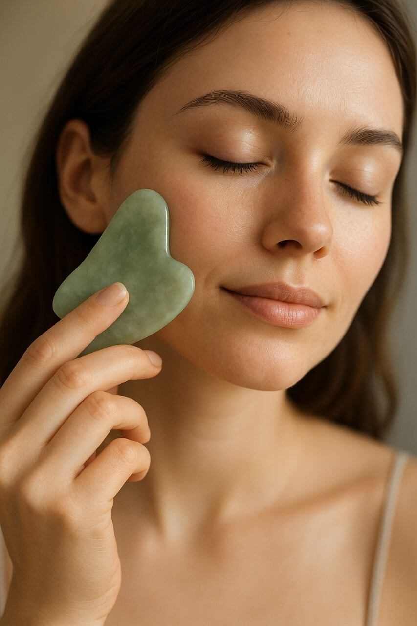 Woman using jade gua sha on cheek during skincare routine"