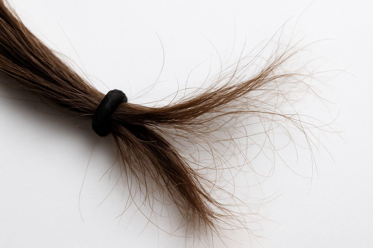 "Broken hair strands stuck in a black hair tie"