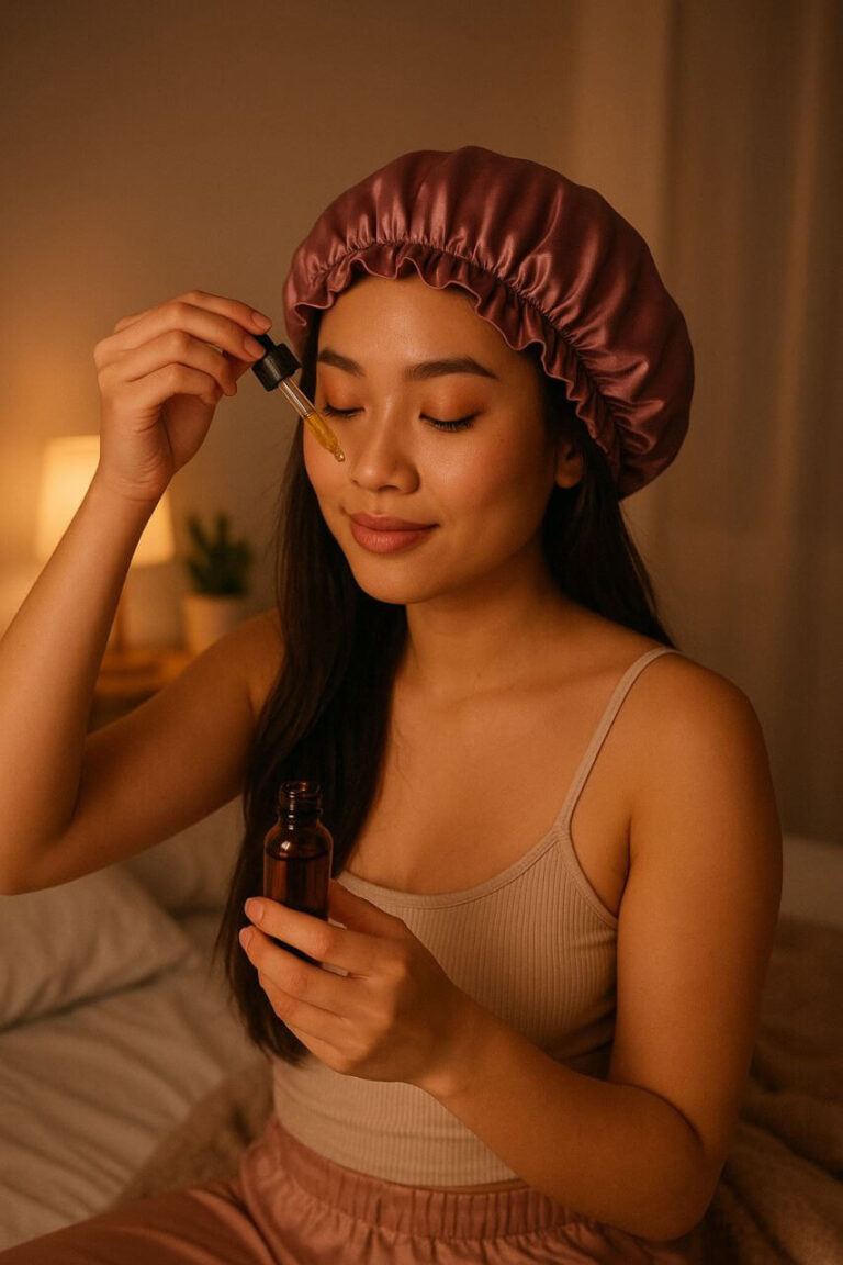 Woman applying hair oil at night wearing satin bonnet"