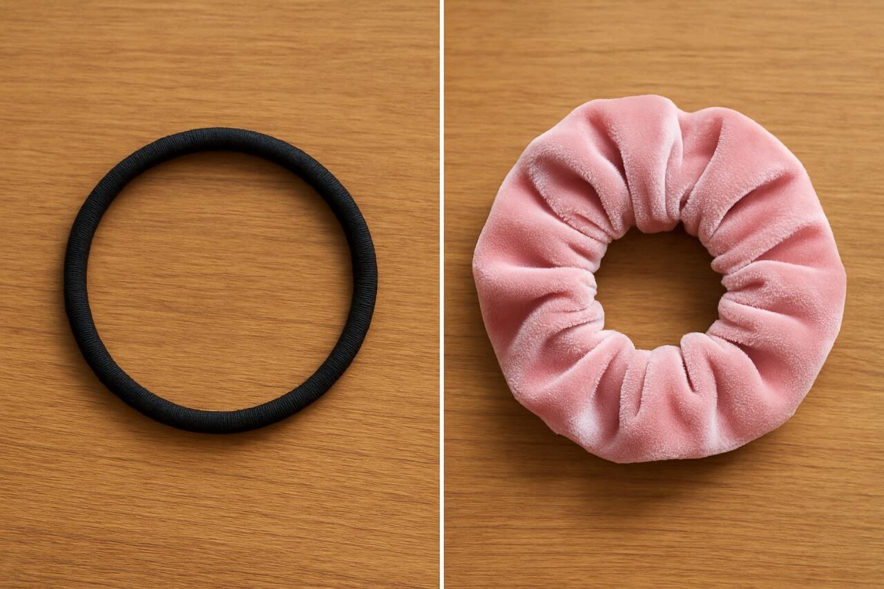 Scrunchies vs Hair Ties
Side-by-side photo of hair tie and velvet scrunchie"
