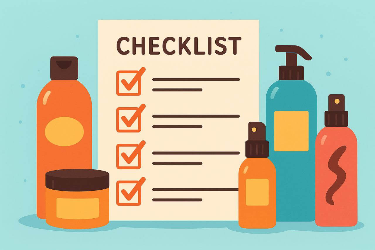 Colorful illustration of a checklist with haircare products beside it