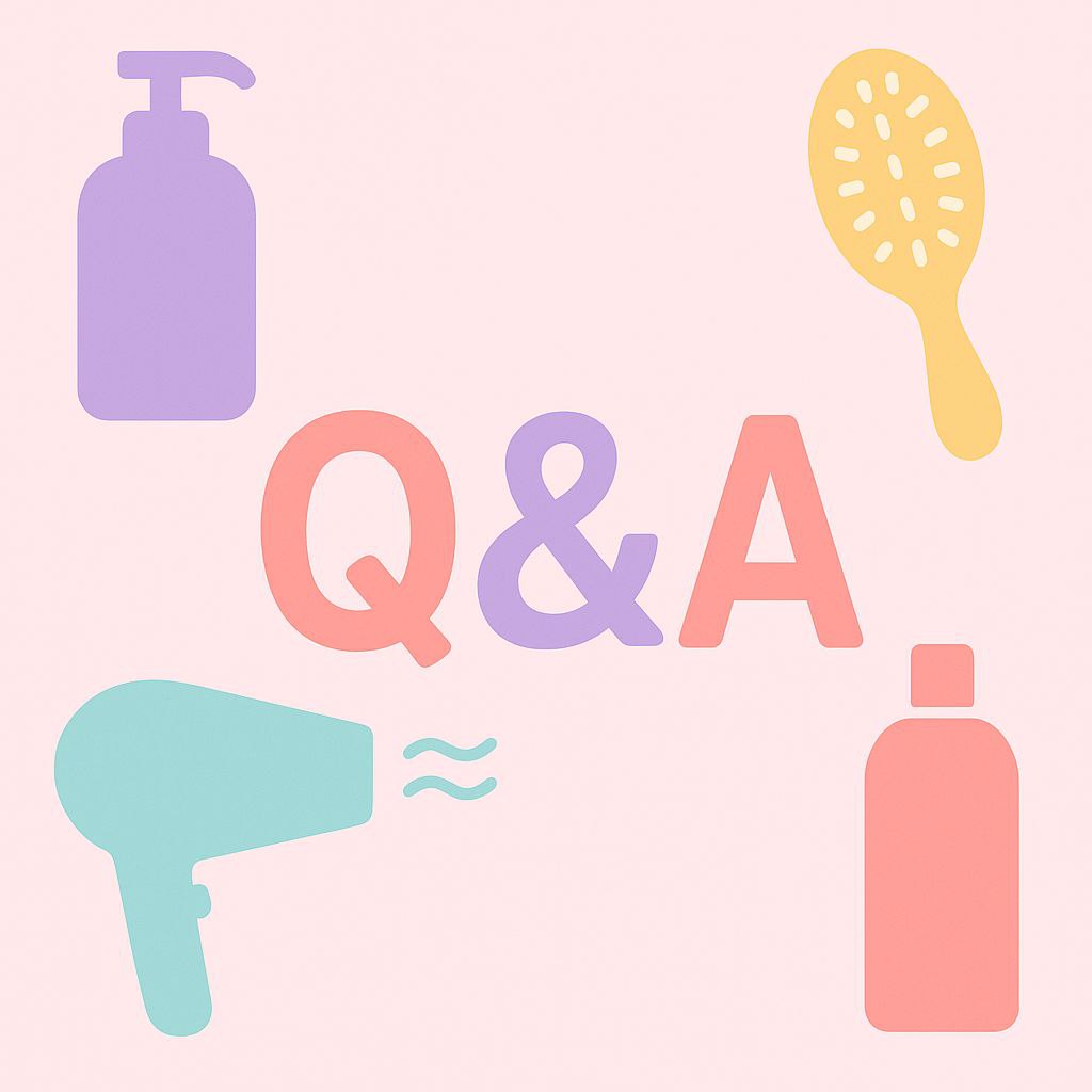Fun Q&A graphic with pastel icons of shampoo bottles, hairdryer, and brush