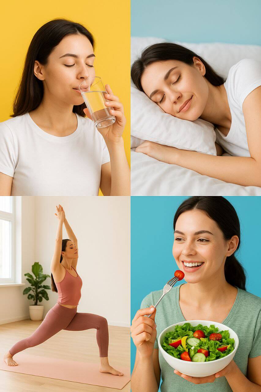 Collage of healthy lifestyle habits like yoga, hydration, and good sleep.