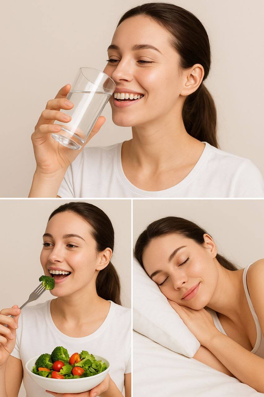 Illustration of healthy skin habits: hydration, nutrition, and rest.