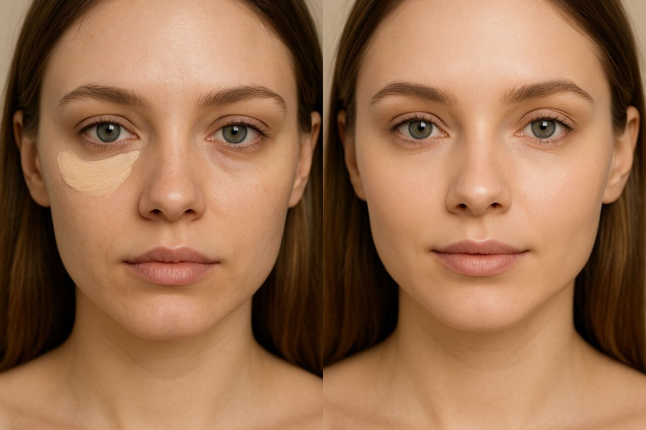 Before-and-after under-eye concealer showing creasing vs smooth finish