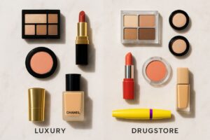 High-end vs drugstore makeup dupes flat lay comparison"