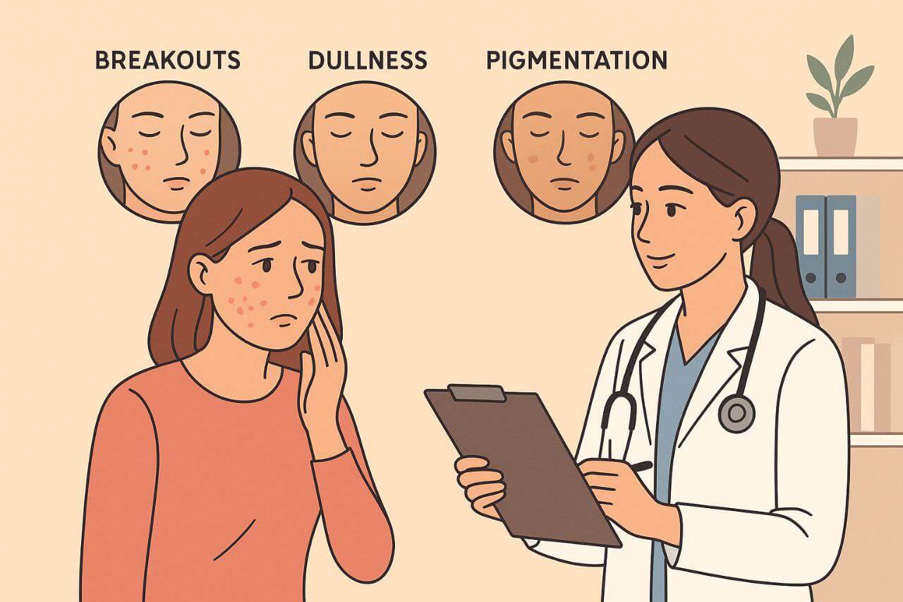 Illustration of hormonal skin changes with dermatologist consultation.