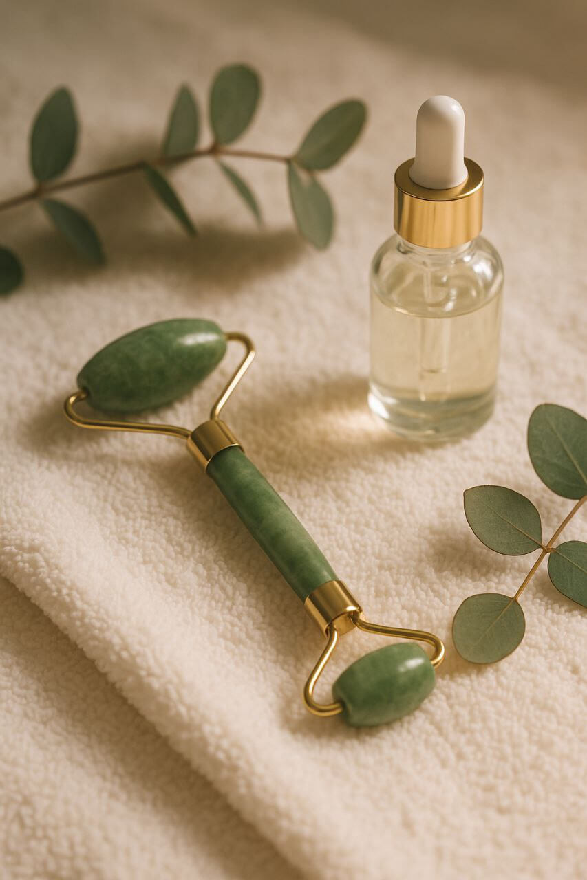 Jade roller with serum bottle and eucalyptus leaves on towel"