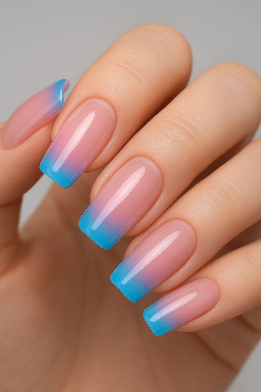 Translucent jelly French tip nails in pink and blue shades.
