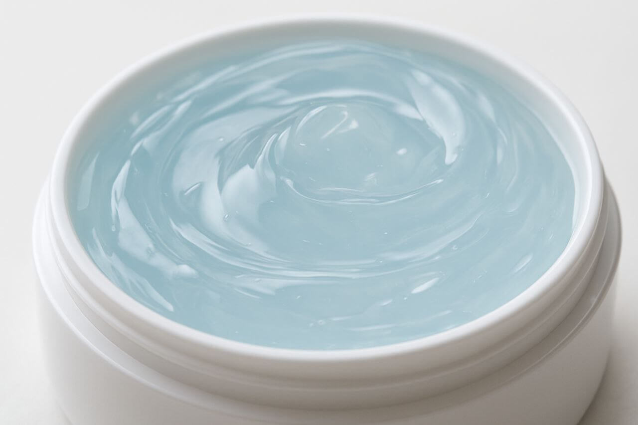 Translucent jelly moisturizer in a white container.