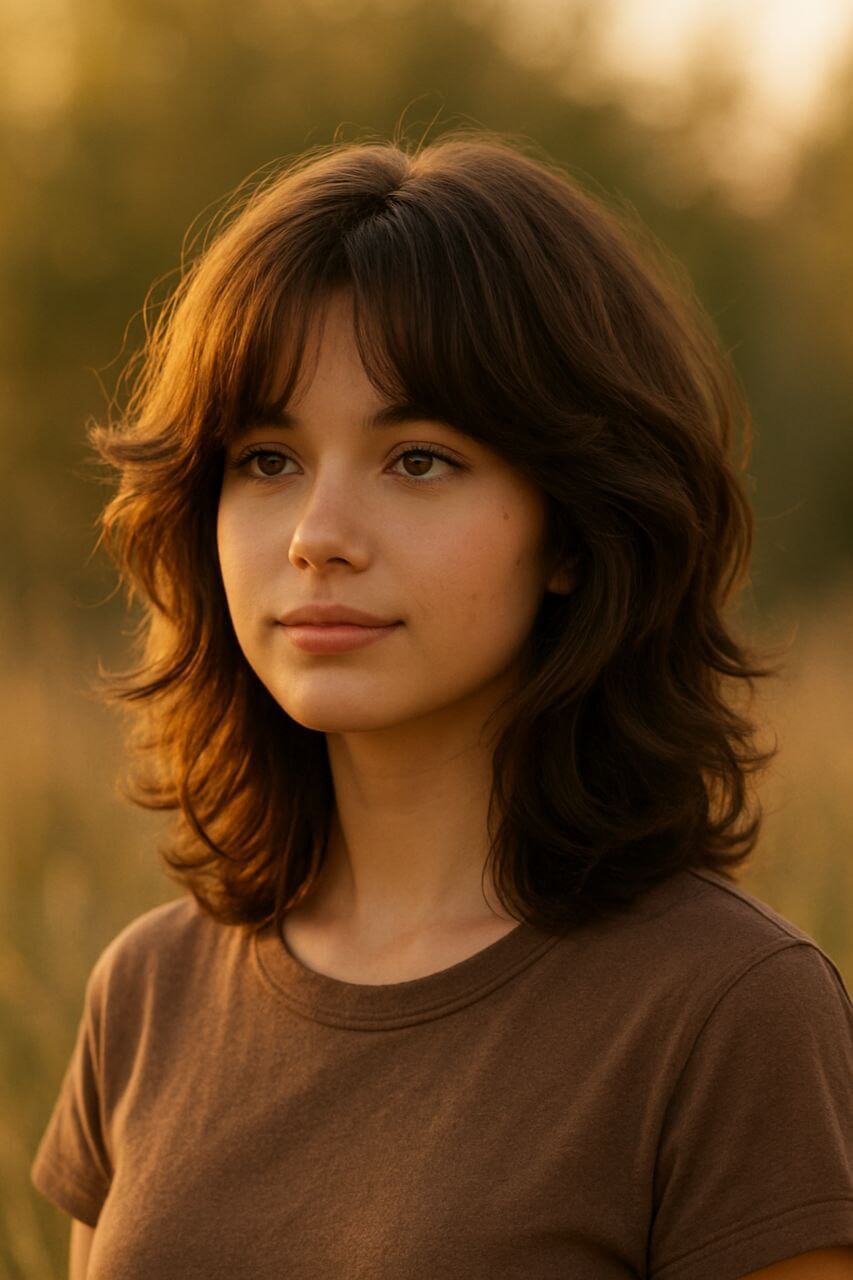 Woman with layered butterfly haircut and soft waves”