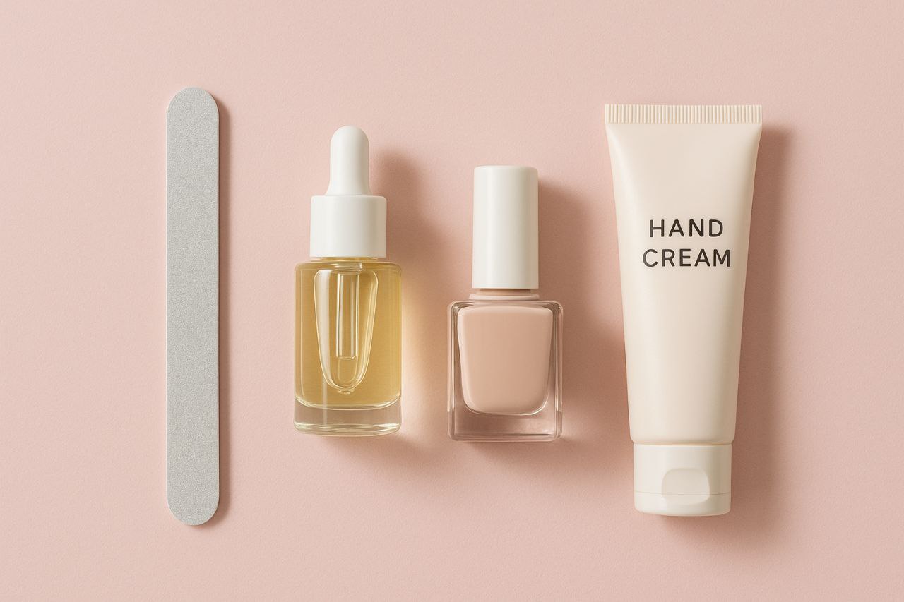 Flat lay of nail file, cuticle oil, neutral polish, and hand cream on pastel background"