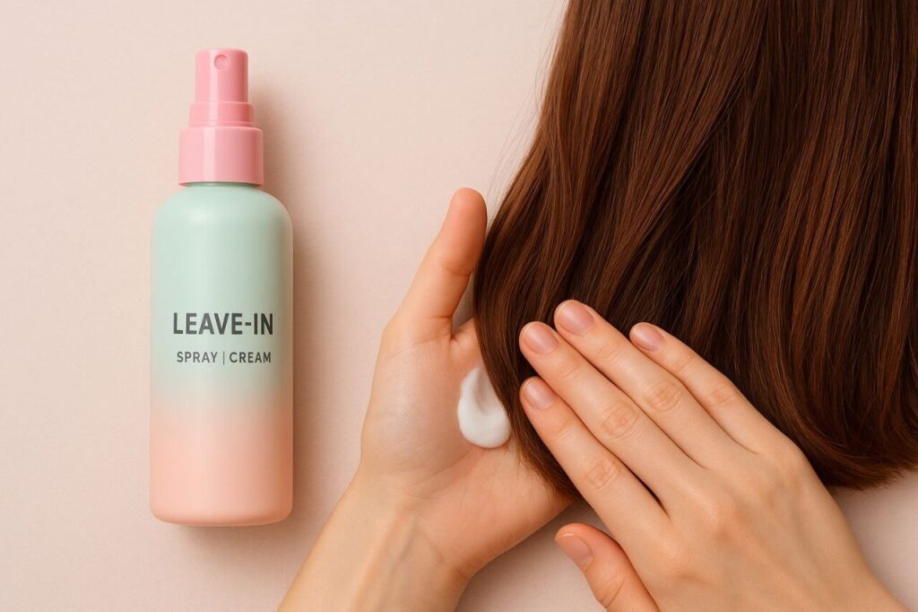 Applying leave-in conditioner to mid-length hair.