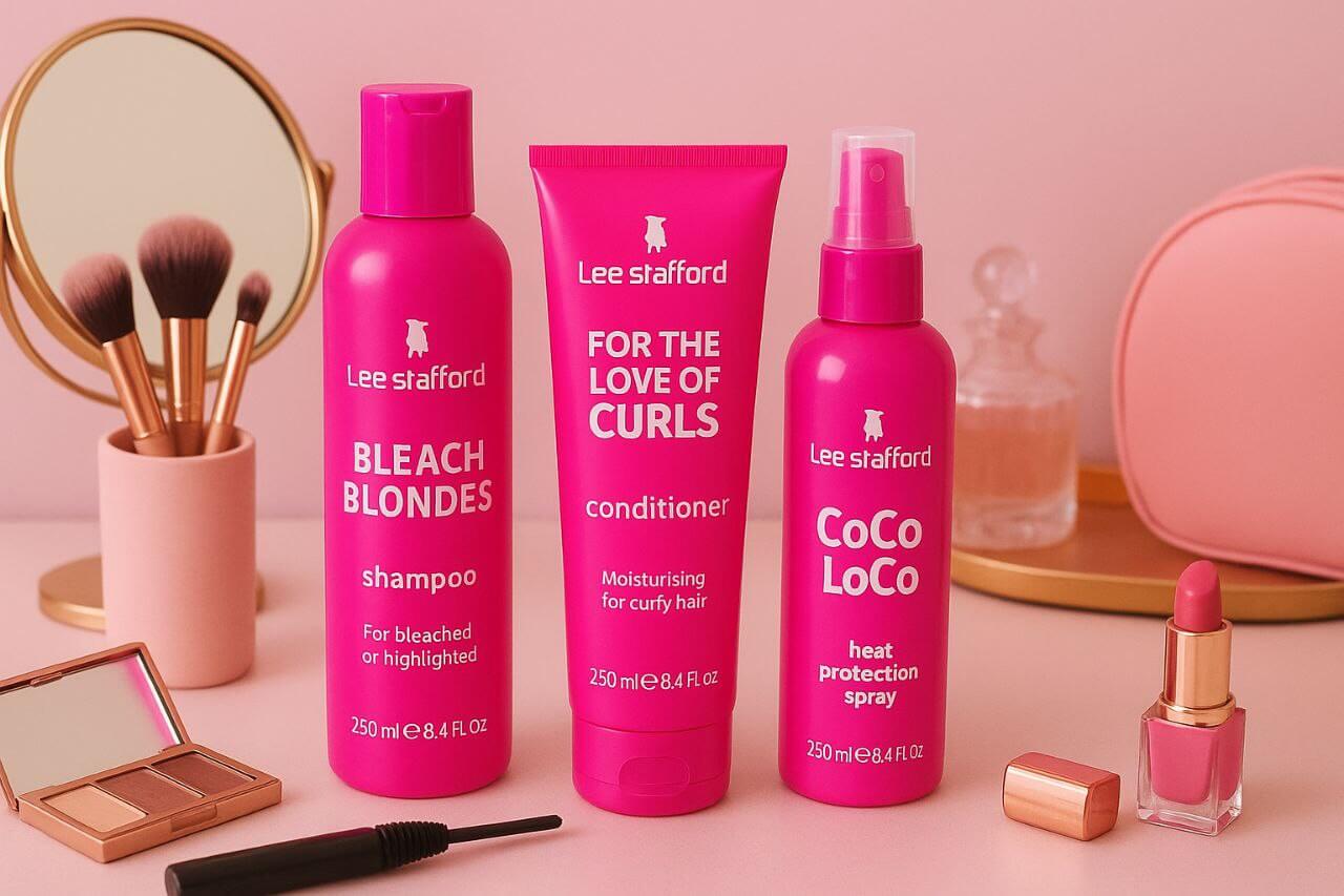 Lee Stafford pink haircare products on dressing table with makeup items