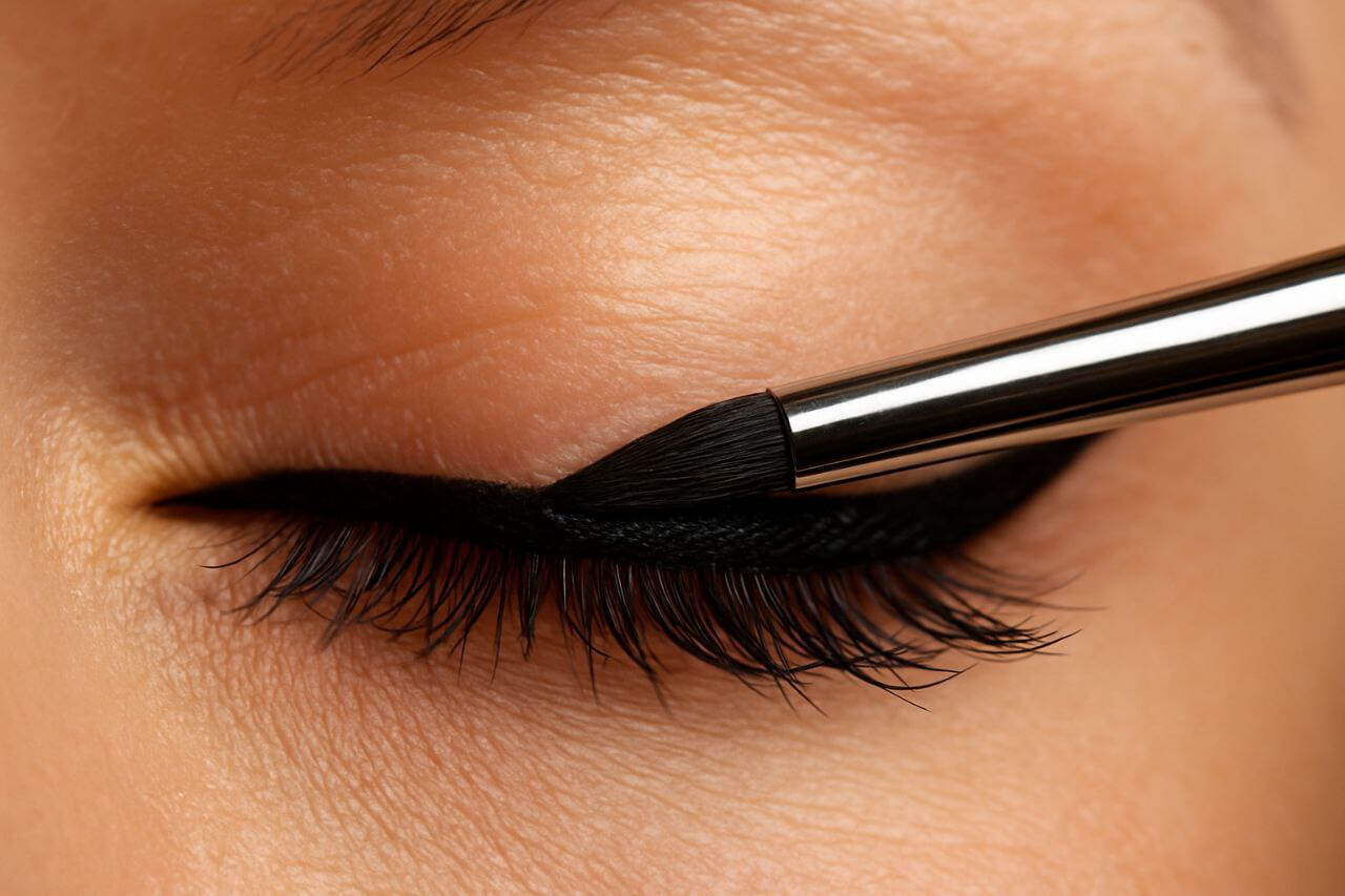 "Angled liner brush applying gel eyeliner along lash line"