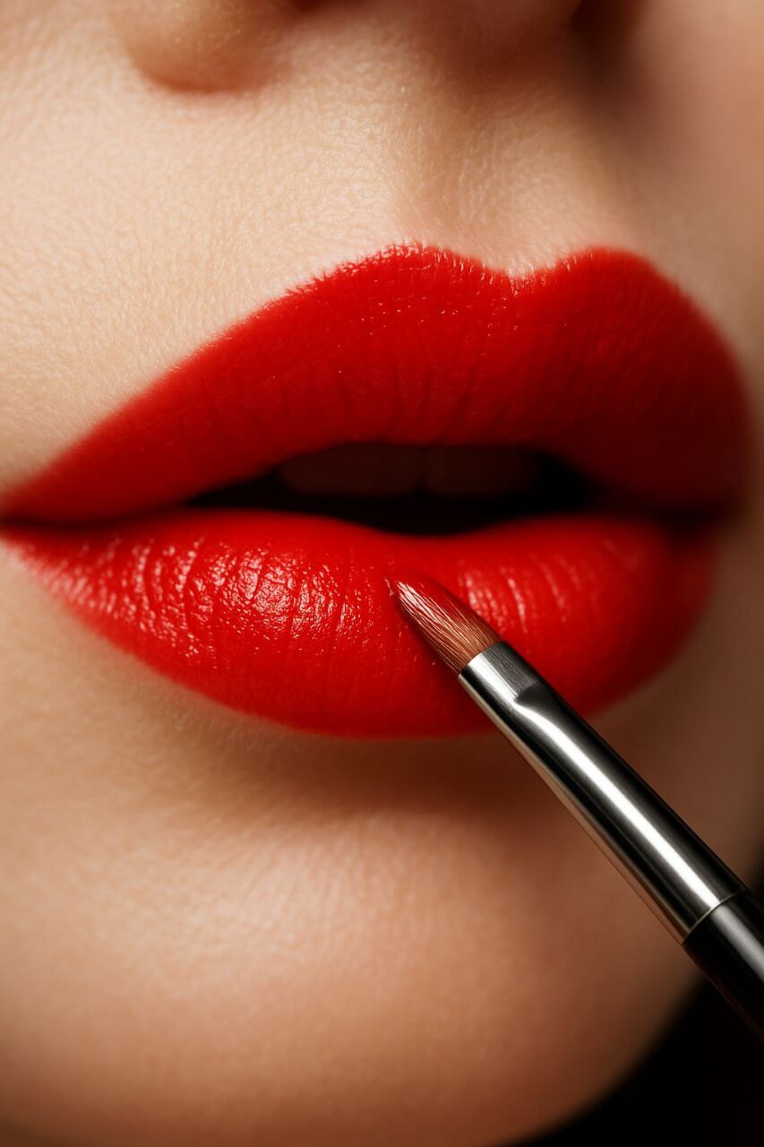 Lip brush applying red lipstick for precise finish"