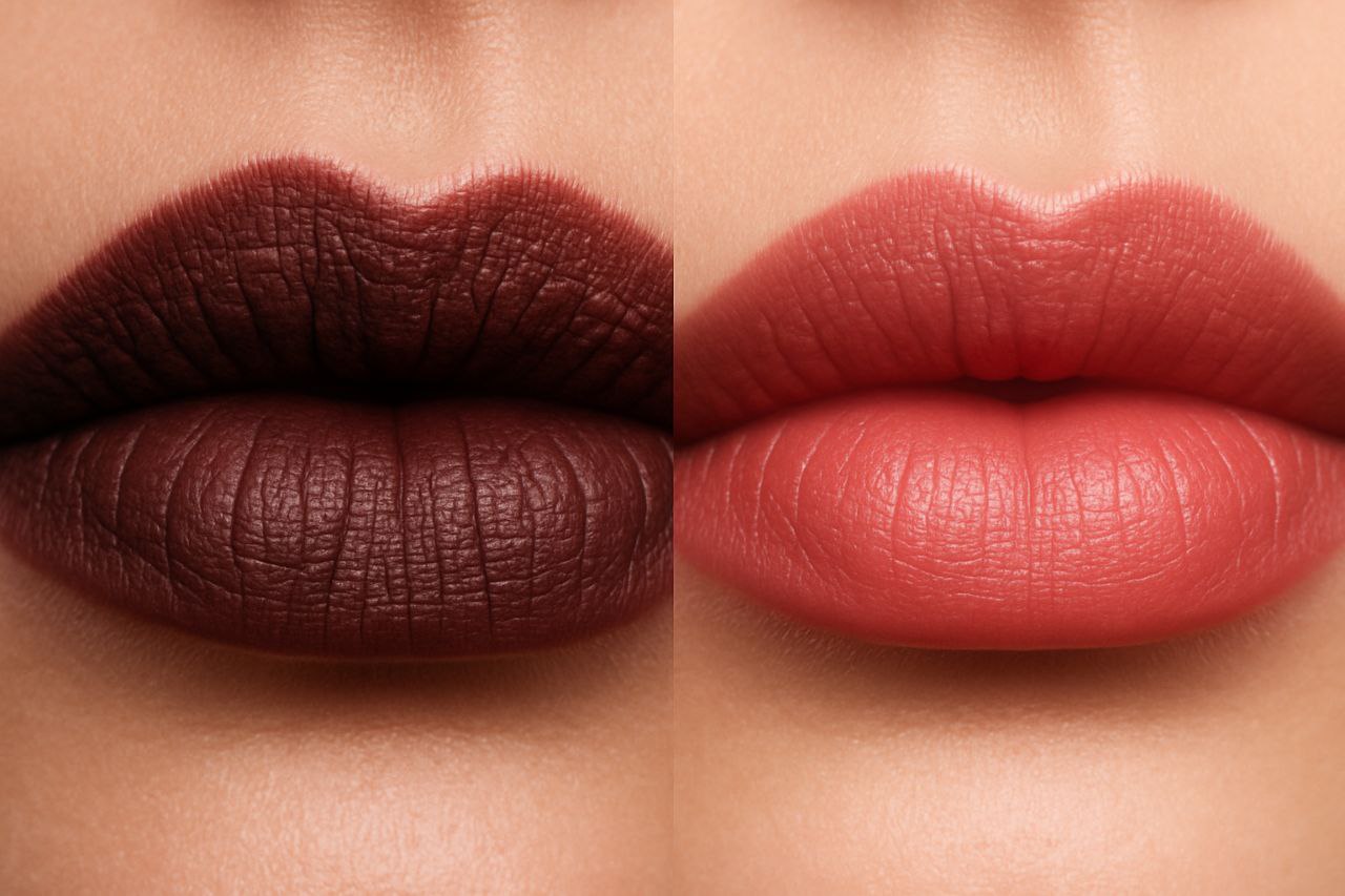 Dark lipstick emphasizing lip lines vs hydrating lipstick look