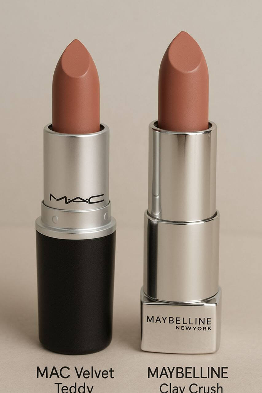 "Lipstick dupe MAC Velvet Teddy vs Maybelline Clay Crush"