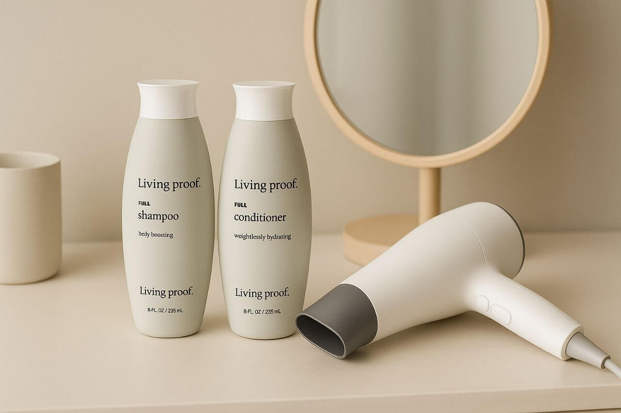 Living Proof haircare bottles on vanity table with hairdryer and mirror