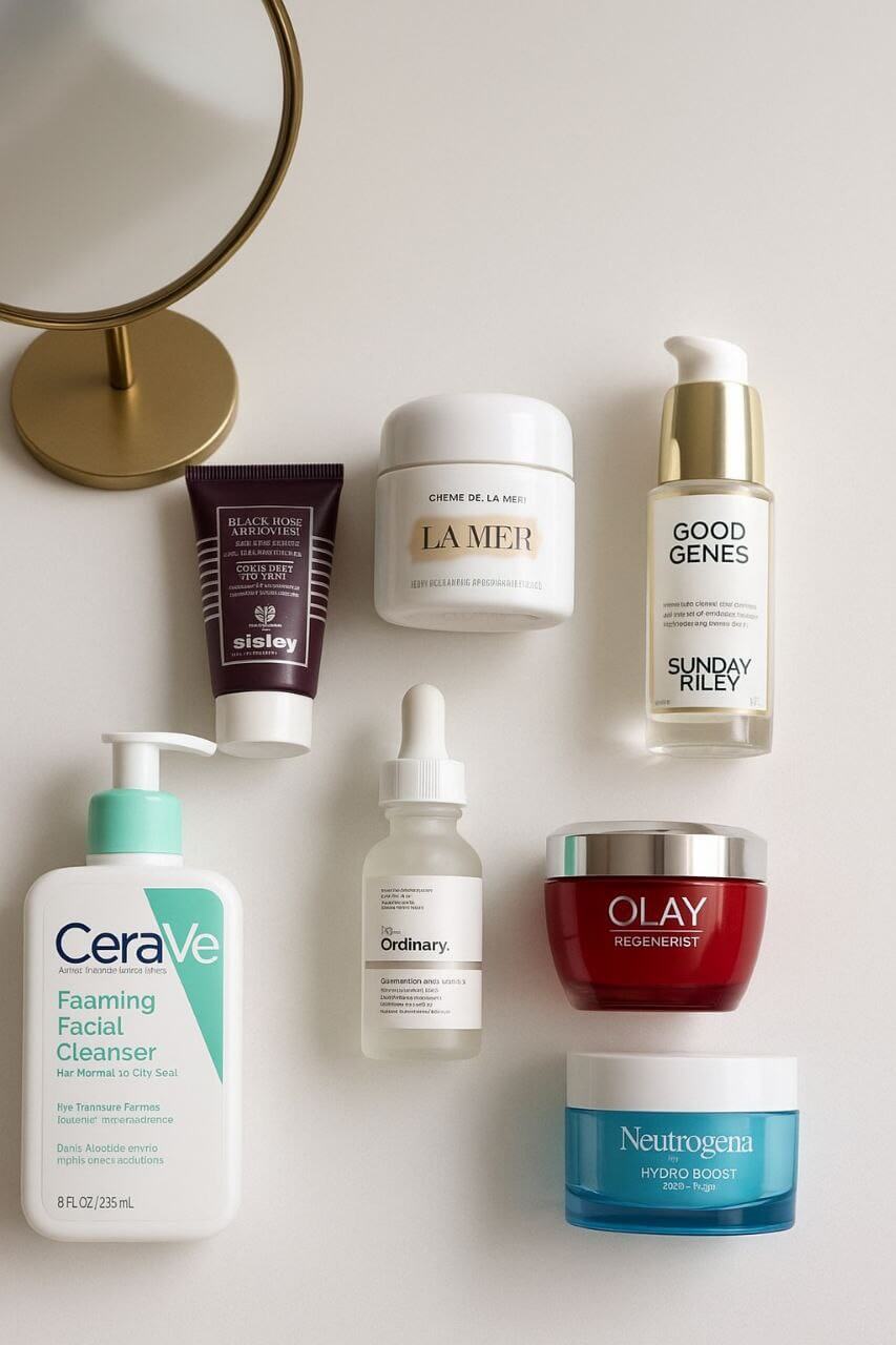 Luxury and affordable skincare products placed together on vanity.