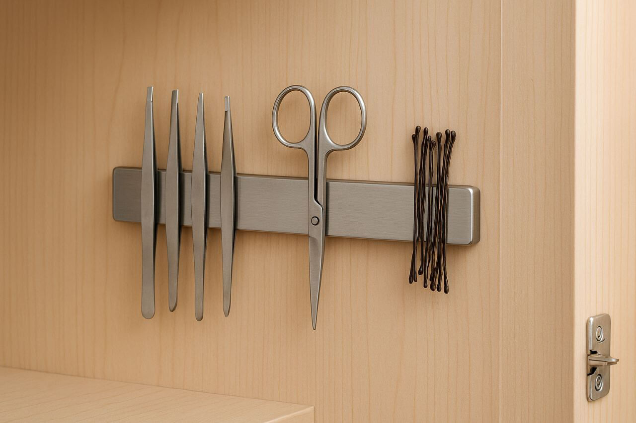 "Magnetic strip for organizing beauty tools in small spaces."