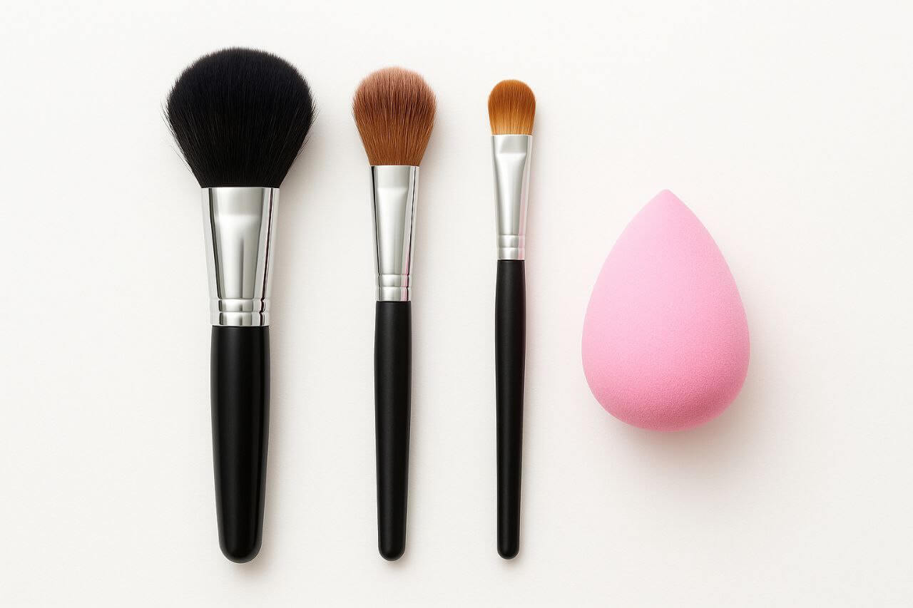 "Makeup brushes and beauty sponge side by side"