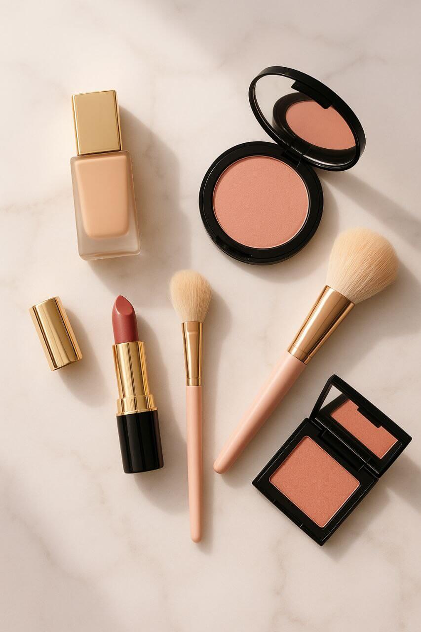 Flat lay of luxury makeup products on a marble vanity, feminine beauty blog style