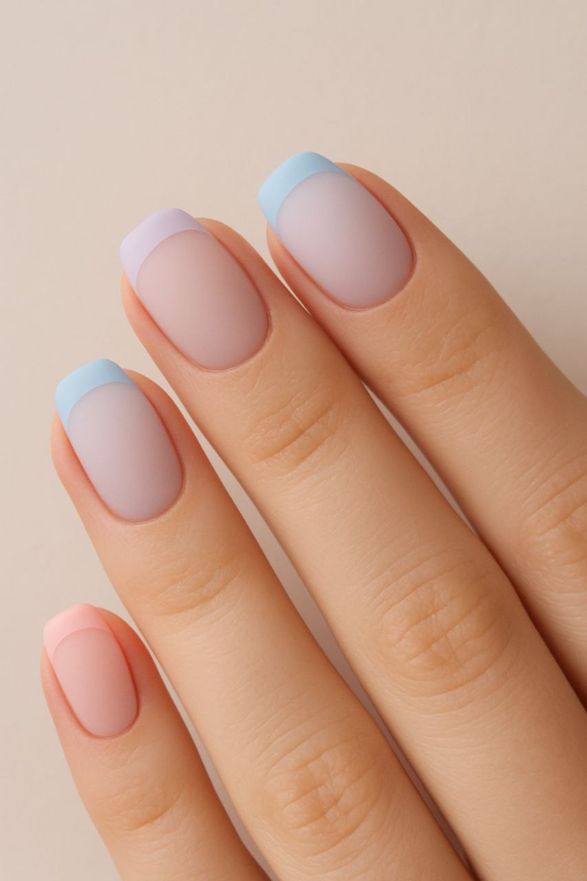 Matte pastel French tip nails in lilac, baby blue, and peach.