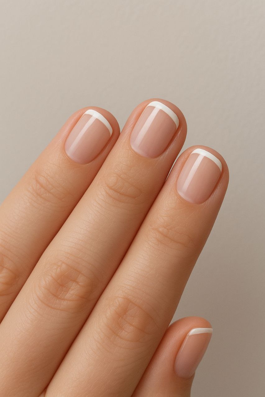 Minimal micro French tip nails with ultra-thin white tips.