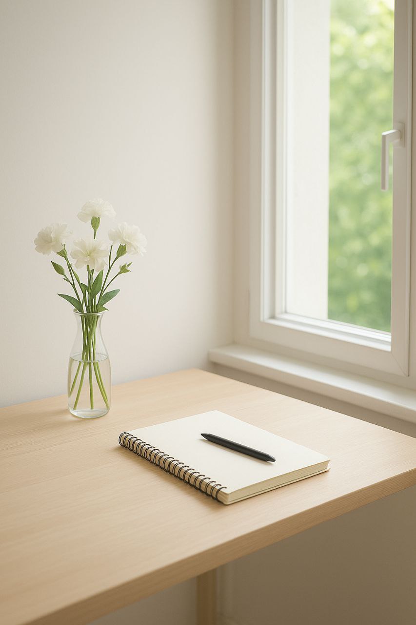 "Decluttered space for midday reflection on Sundays."