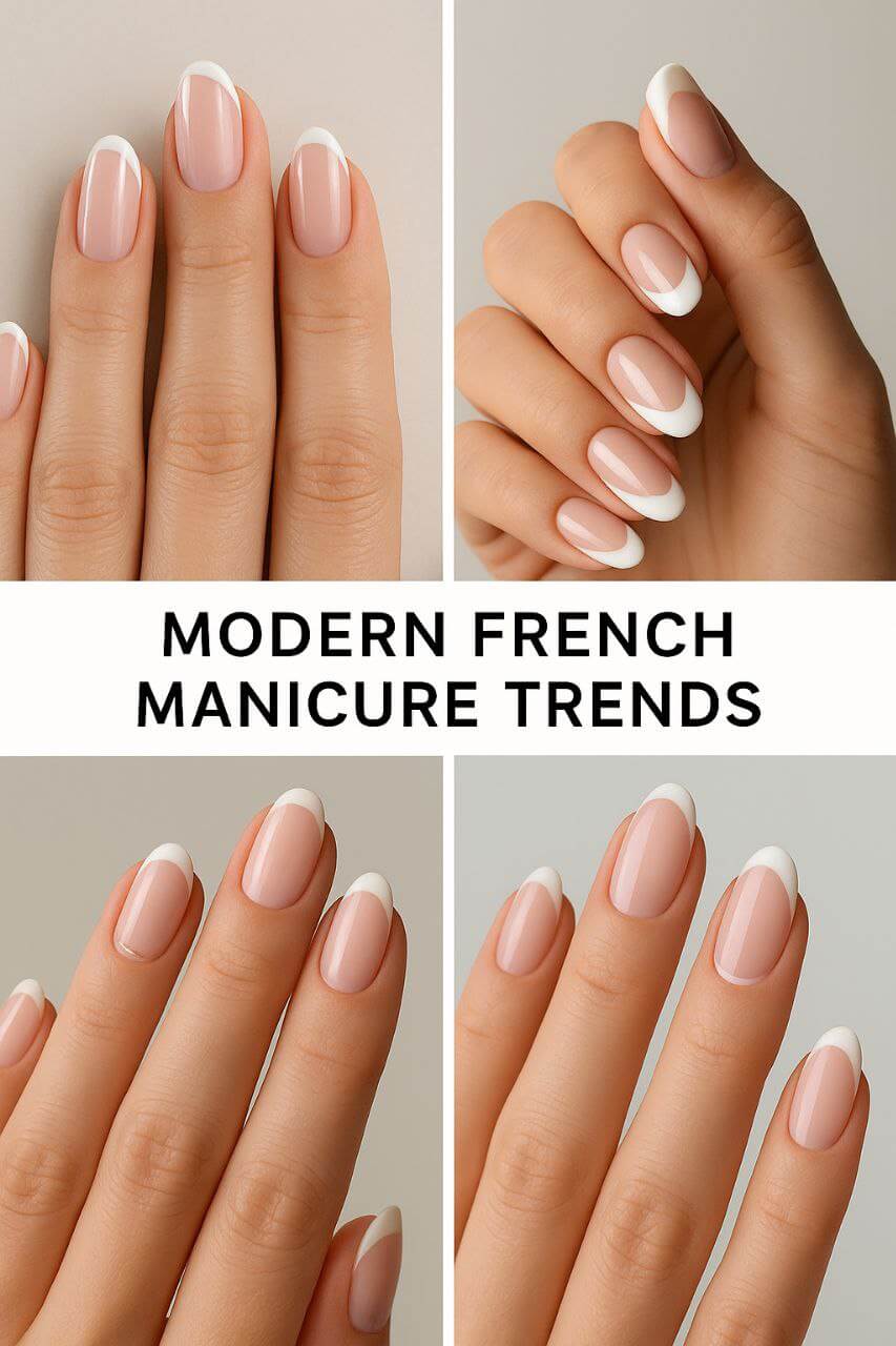 Collage of modern French manicure styles including chrome, reverse, pastel, glitter, and colored tips.